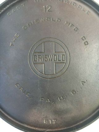 Griswold Large Block Logo 12 " Cast Iron Griddle P/n 617