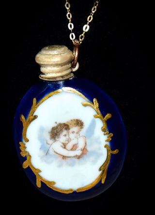 Wow Antique Chatelaine Porcelain Hand Painted Cherubs Perfume Bottle Necklace