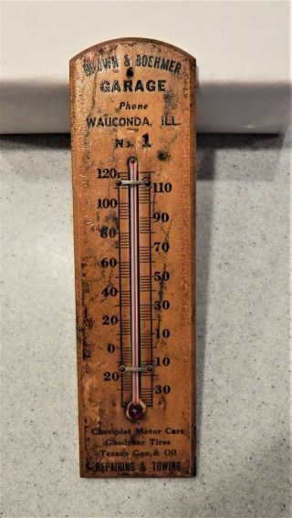 Brown & Boehmer Garage Phone No.  1 Wauconda,  Ill Il Illinois Wood Thermometer