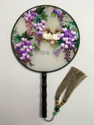 Chinese 3d Lifelike Love Birds Tree Needlework Embroidery Silk Hand Fan Gift