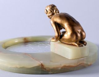 Antique Art Nouveau Nude Maiden At Pool Figural Ashtray Receiver Lovely Work NR 3