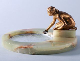 Antique Art Nouveau Nude Maiden At Pool Figural Ashtray Receiver Lovely Work NR 4