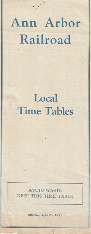 Ann Arbor Railroad Local Railway Timetable 23rd April 1933