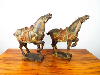 Vintage Chinese Wooden War Horses Monochromatic Paint Tang Dynasty Sculptures