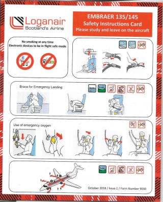 1 X Loganair Emb135/145 Safety Card October 2018