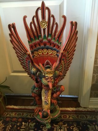 Huge 33” Vintage Garuda Fighting Naga Carved Wood Hand Painted Statue