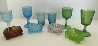 Pressed Glass Colored Footed Salt Cellar Dips And Cordial Glasses
