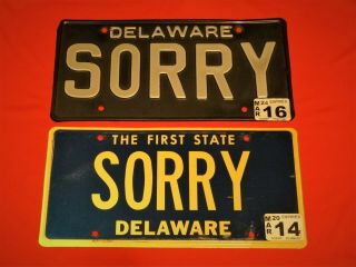“ Sorry ” Delaware Vanity License Plates Tags Pair - Rare De Del