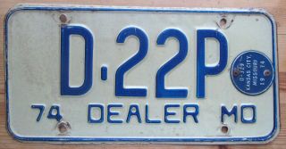 Missouri 1974 Dealer License Plate With Attached Kansas City Medallion D - 22p