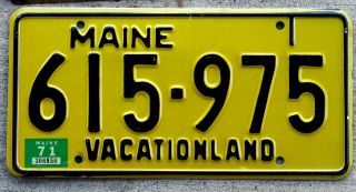 1968 Black On Yellow Maine License Plate With A 1971 Sticker
