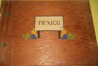 1937 Large Wood Mexico Travel Trip Souvenir Scrapbook Photos/decals/brochures