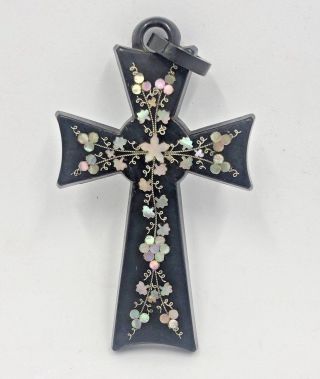 Victorian Antique Cross Charm Pendant Ebony Mother Of Pearl Pique Unusual