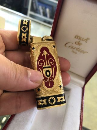 Vintage Les Must De Cartier Briquets Gold Red Black Enamel Lighter