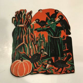 Old Vintage Halloween Cardboard Diecut Die Cut Beistle Scarecrow Crows 1930s - 50s