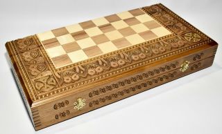 Wooden Carved Chess Checkers Backgammon Game Board Set Handmade