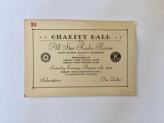 1934 Ephemera - Ticket To Charity Ball,  All Star Radio Revue,  Asbury Park Nj