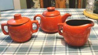 Mid Century Modern Frankoma Pottery Flame Orange Teapot 6 J Creamer 5 A & Sugar