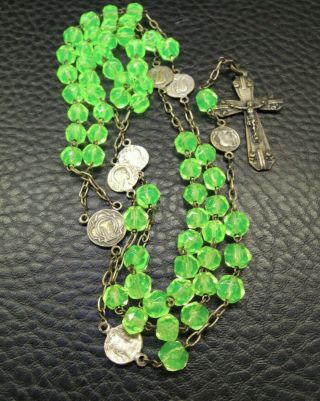 † Antique French Catholic Green Uranium Vaseline Glass Rosary Necklace †