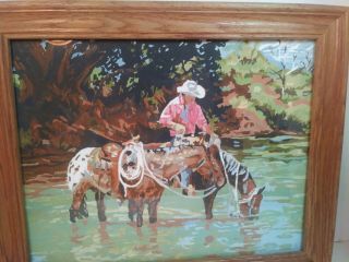 Vintage Art Paint - By - Number Cowboy Watering Horse Vintage With Frame