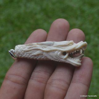 Dragon Carved 56mm In Deer Antler Carving Pendant W/ Silver Cp991