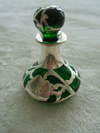 Antique Art Nouveau Emerald Glass Heavy Sterling Silver Overlay Perfume Bottle