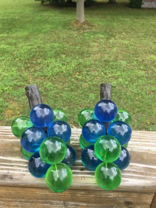 2 Small VTG MCM Blue & Green Glass Lucite Grape Cluster Home Decor 60s 70s 6