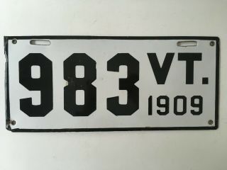 1909 Vermont License Plate Porcelain First Dated Issue Low Number 3 Digit
