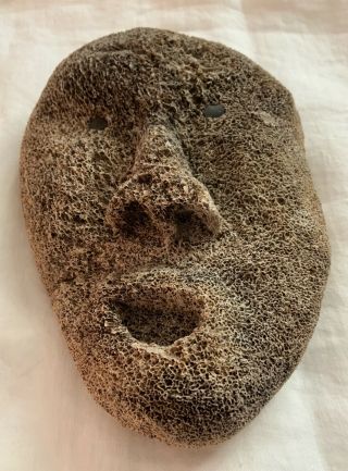 Vintage Inuit Mask Fossilized Whale Bone Petrified Inlaid Eyes Alaska