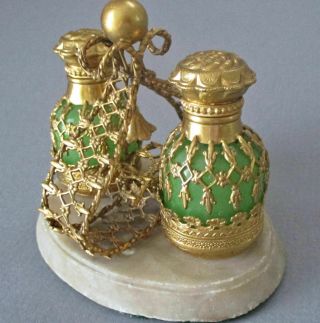 2 Antique French Perfume Scent Bottles Green Opaline Gilt Ormolu Filigree Caddy