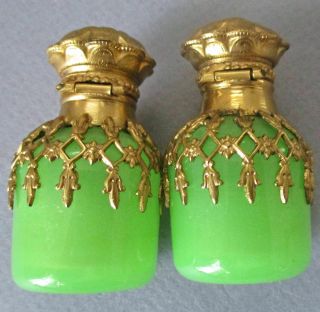2 Antique French PERFUME Scent Bottles Green OPALINE GILT Ormolu Filigree Caddy 6