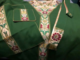 Gorgeous Catholic Priests Green & Floral Tapestry Chasuble Set C.  M.  Almy & Son
