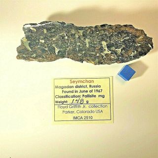 Seymchan - Pallisite Meteorite End Cut 148 Grams - 114 Mm X 36 Mm X 30 Mm