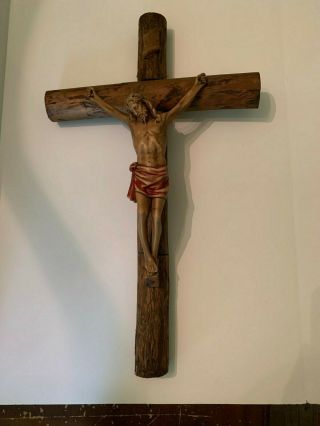 Vintage Large Resin Jesus On Wooden Tree Branch Cross Crucifix 28 Inches Tall