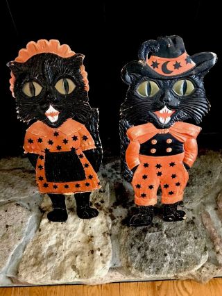Two Vtg Halloween German Cats Diecut Heavily Embossed 1920s 19 " Tall W Easel