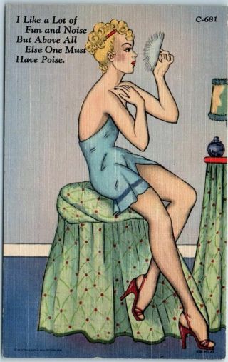1940s Pin - Up Girl Linen Postcard " Fun And Noise " Curteich Carefree Comics C - 681