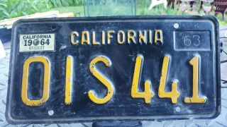1963/1964 California Ca License Plate Tag Ois 441 Black And Yellow