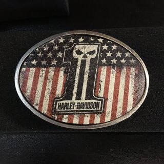 Harley - Davidson®️ Men’s Belt Buckle - “1” Skull In Distressed Leather W/flag