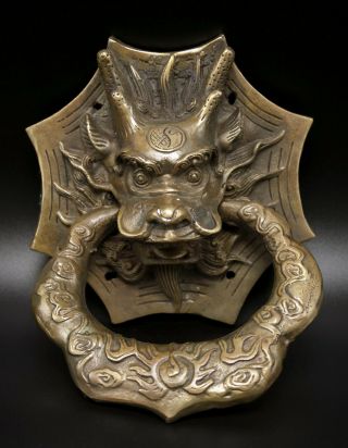 Vintage Folk Chinese Feng Shui Brass Dragon Door Knocker