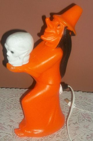Vintage Halloween Witch Light Up Blow Mold Orange Witch Holding A Skull