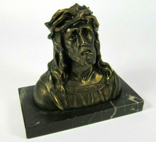Antique French Christ Spelter Bronze Statue On Marble Base Jesus Figure Figurine