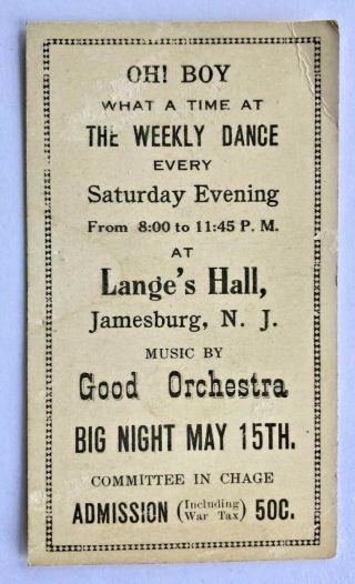 Vtg Weekly Dance Ticket At Lange’s Hall Jamesburg Nj War Tax Admission