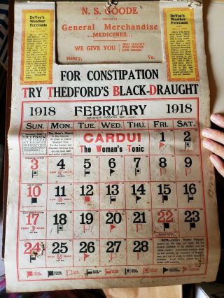 1918 Black - Draught Calendar,  Franklin County,  Henry,  Va N.  S.  Goode General Merch