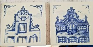2 Vintage Delft Blue & White Ceramic Tile Coasters Klm Airline Business Class