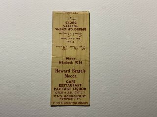 Howard Bregels Mecca Cafe Newport Kentucky Ky Bobtail Vintage Matchcover