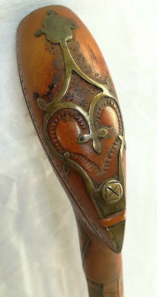 18th Dutch fruit wood clay pipe carved case with copper fixtures. 2