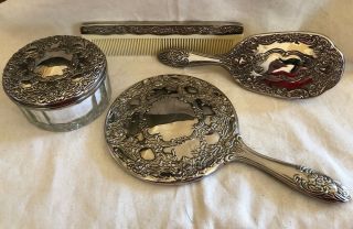 Vtg 4 Pc Towle Repousse Silver Plate Dresser Set Hand Mirror Brush Comb Powder