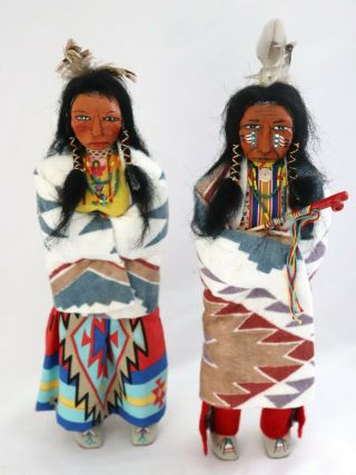 Iron Horse Wildflower Native American Indian Carved Wood Dolls Signed Marked Vtg
