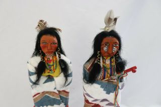 Iron Horse Wildflower Native American Indian Carved Wood Dolls Signed Marked Vtg 2
