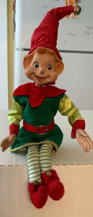 Vintage Christmas Pixie Elf Felt Knee Hugger Japan Elf Shelf 20 " Holiday Santa