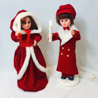 Rare Set Vintage Animated Victorian Christmas Carolers Girl & Boy Candle Light